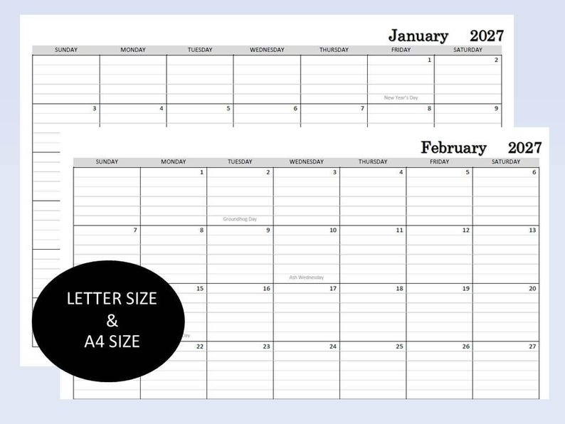 2027 Monthly Calendar Printable, Lined Calendar, Sunday Start, Planner