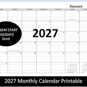 May include: A printable 2027 monthly calendar with a simple, clean design. The calendar features a grid layout with days of the week across the top and dates in the cells. Includes a small calendar for the previous and following months. The text "2027 Monthly Calendar Printable" is at the bottom.