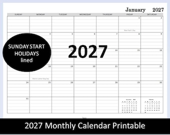 2027 Monthly Calendar Printable, Lined calendar, Sunday start, planner calendar, Calendar with Holidays, Digital download