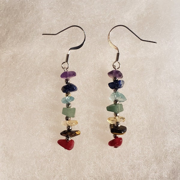 7 Chakra Earrings Raw Natural Crystals on Sterling Silver Seven Chakra