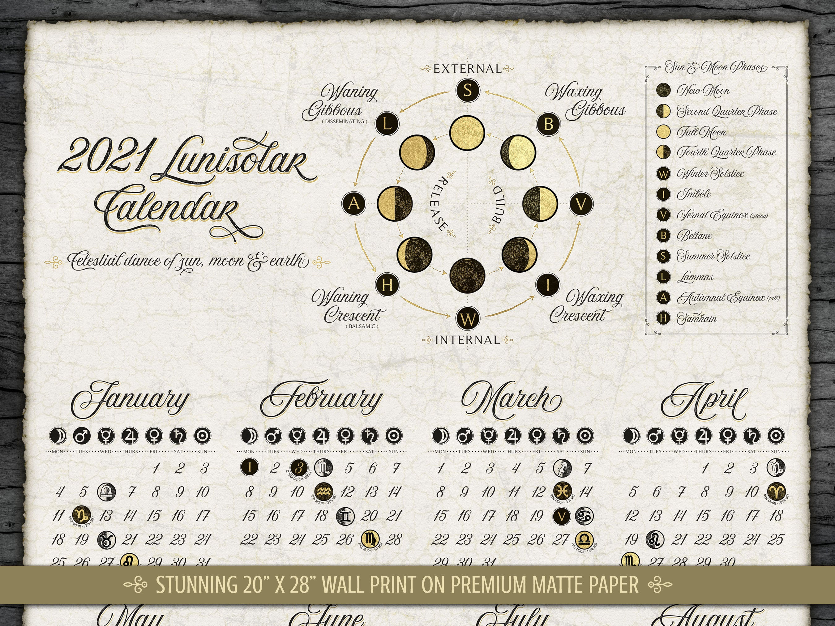 2021 LuniSolar Wall Calendar Lunar Calendar 2021 Moon Phase Etsy
