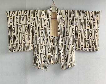 Vintage Japanese silk Haori jacket kimono jacket 1960’s cream and black modernist design