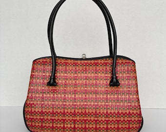 Bolso de mano vintage japonés de los años 70, de piel auténtica tejida, con asa superior, en tonos otoñales.