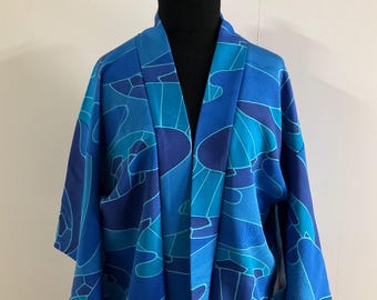 Vintage Japanese Silk Haori Jacket, Electric Blue Yuzen Dye, 1960s/1970s