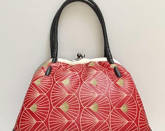 Handcrafted Japanese vintage 1970's Yuzen dyed Genuine Leather Kimono Top Handle handbag