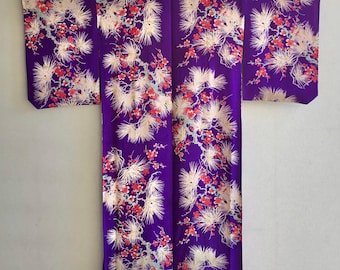 Vintage Japanese women’s Silk Kimono Purple Pine & Plum Blossom, c.1940s/50's