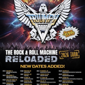 Puede incluir: Cartel de la gira del 50 aniversario de Triumph, "The Rock & Roll Machine Reloaded 2026 Tour." Presenta un emblema de águila estilizado y fechas de la gira en Norteamérica, con April Wine como invitado especial.