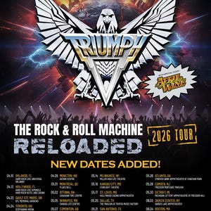 Puede incluir: Cartel de la gira del 50 aniversario de Triumph, "The Rock & Roll Machine Reloaded 2026 Tour." Presenta un emblema de águila estilizado y fechas de la gira en Norteamérica, con April Wine como invitado especial.