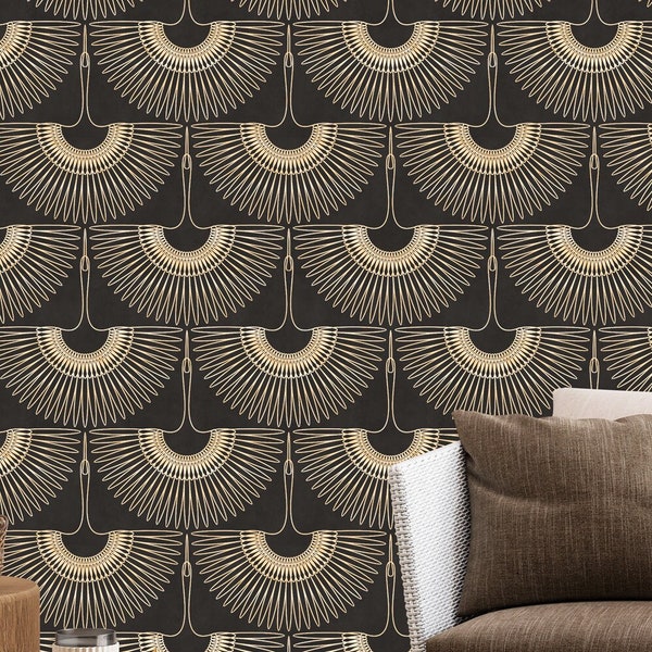 Crane Wallpaper | Asian Birds Art Peel and Stick Wall Mural | Art Deco Style Japenese Birds Wallpaper