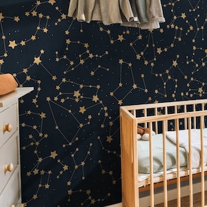Aquarell Sternenkonstellation Tapete schälen und aufkleben | Wandbild für Sterne, Dunkler Weltraum | Kinderzimmer dunkle glänzende Stern-Tapete