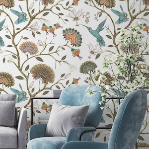 Soft Floral Wallpaper Peel and Stick Eclectic Flowers and Hummingbirds Wall Mural
