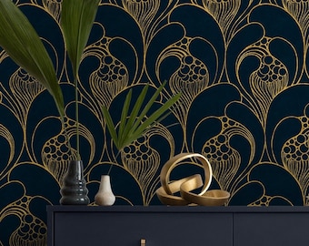 Dark Art Deco Wallpaper | Nouveau Abstract Wall Mural | Curve Line Peel and Stick