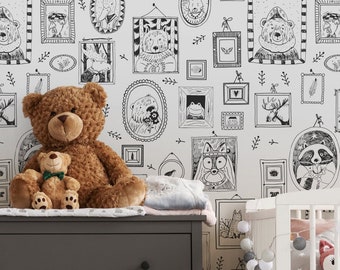Black and White Animal Portrait Wallpaper | Kids Framed Animals Wall Mural | Hand Drawing Cartoon Animals Peel and Stick