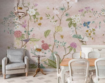 Chinoiserie Wallpaper Peel and Stick |  Colorful Boho Floral Wall Mural