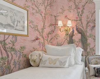 Peacock Wallpaper Chinoiserie Wall Mural Chinese Birds and Trees Wall Mural