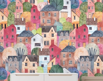 Kids Watercolor Town Wallpaper Peel and Stick | Nursery Colorful House Wall Mural | Childroom Hand Paint Town House Wallpaper