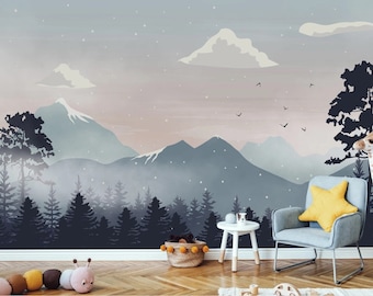 Kids Wallpaper Peel and Stick | Soft Mountain with Trees Wall Mural