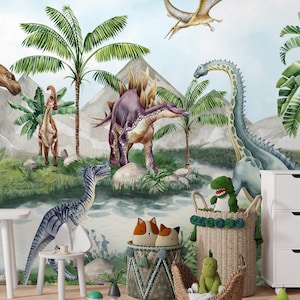 Carta da parati adesiva con dinosauro pterosauro / Carta da parati murale acquerello per bambini Jurassic Park Trex / Carta da parati adesiva per bambini Jurassic World con dinosauri