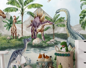 Pterosaur Dinosaur Wallpaper Peel and Stick | Watercolor Kids Jurassic Park Trex Wall Mural | Kids Jurassic World Dinosaurs Wallpaper