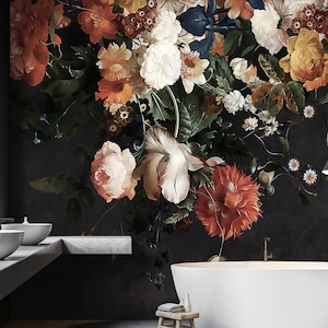 剥がして貼るだけのダークフローラル壁紙 | オランダの花の壁画