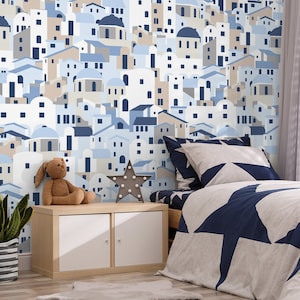 Carta da parati d'arte della casa greca / Young Room Cartoon Murale tradizionale della casa greca / Soft Blue House Art Wallpaper