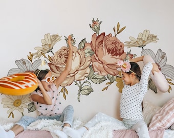 Soft Nursery Floral Wall Decal | for Kids Vintage Peony Flower Wall Sticker