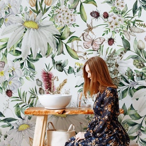 Carta da parati con bouquet di margherite staccabile e incolla, decorazione murale con fiore margherita bianca e foglia verde, carta da parati floreale con margherite per bambini