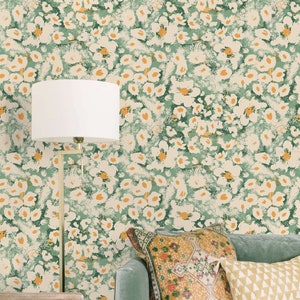 Abstract Floral Wallpaper Peel and Stick | Modern Green Daisy Wall Mural | Neutral Soft Flowers Wallpaper