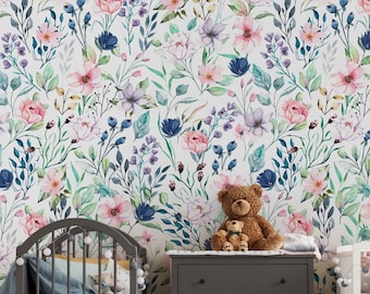 Watercolor Summer Floral Wallpaper | Colorful Wildflower Wallpaper Mural | Nursery Flower Peel and Stick Wallpaper