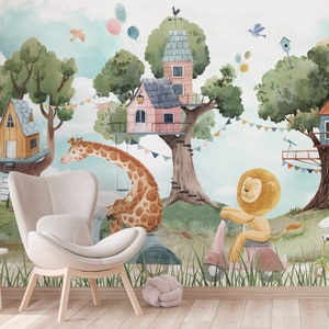 Carta da parati per bambini Peel and Stick / Acquerello Casa sull'albero e murale con animali della foresta