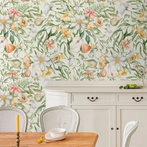 Watercolor Floral Wallpaper Peel and Stick | Soft Botanical Flowers with Fruits Wall Murals