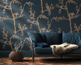 Gold Color Sakura Tree Wallpaper | Tree Blossom Branch Wall Mural | Peel and Stick Soft Color Silhouette Forest Wallpaper