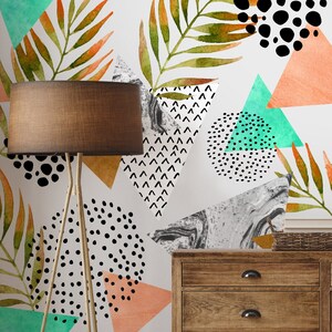 Boho Wallpaper | Abstract Colorful Leaves Shapes Wallpaper | Peel and Stick | Leaf Wall Mural