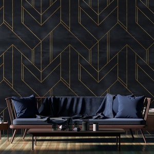 Dunkle geometrische Peel and Stick Wallpaper | Dunkelblaues Geometrisches Wandbild | Gold Faux Lines Wallpaper
