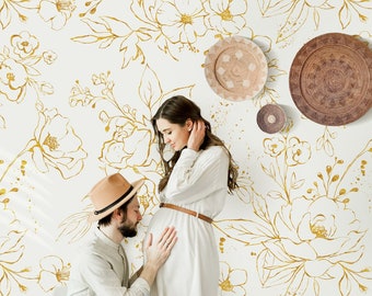 Gold Look Floral Wallpaper Lux Peony Flower Shiny Florals Wall Mural Gold Faux Leaf Wallpaper Luxury Drawing Floral Wall Mural