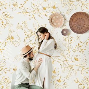Carta da parati floreale effetto oro, carta da parati floreale lucida con peonie di lusso, carta da parati con foglie finte dorate, carta da parati floreale di lusso