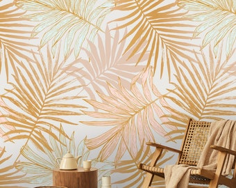 Tropical Leaf Wallpaper Peel and Stick Pastel Color Palm Leaf Wall Mural Luxury Exotic Leaf Wallpaper