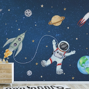Kindertapete schälen und aufkleben | Aquarell Astronaut Wandbild | Kinder Weltraum Tapete