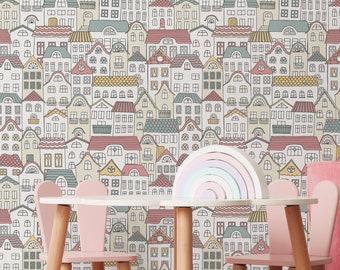 Kids Wallpaper Peel and Stick | Cute Colorful House Wall Mural | Nursery Hand Drawn House Drawing Wallpaper