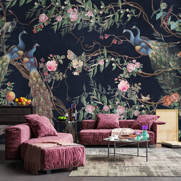 Chinoiserie Wallpaper Peel and Stick | Peacock with Peony Flowers Wall Murals