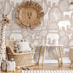 Monochrome Safari Animals Kids Wallpaper Peel and Stick | Tropical Leaves with Jungle Animal Wall Mural