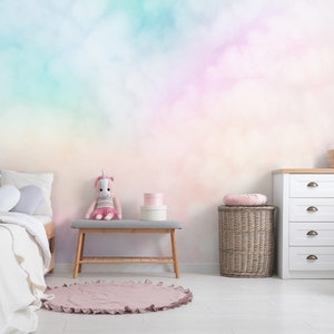 Carta da parati per bambini per ragazze, murale colorato con cielo / Carta da parati con nuvole color pastello per bambini, stacca e attacca
