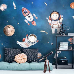 Carta da parati spaziale per bambini Stacca e incolla Carta da parati ad acquerello con simpatico astronauta e pianeti
