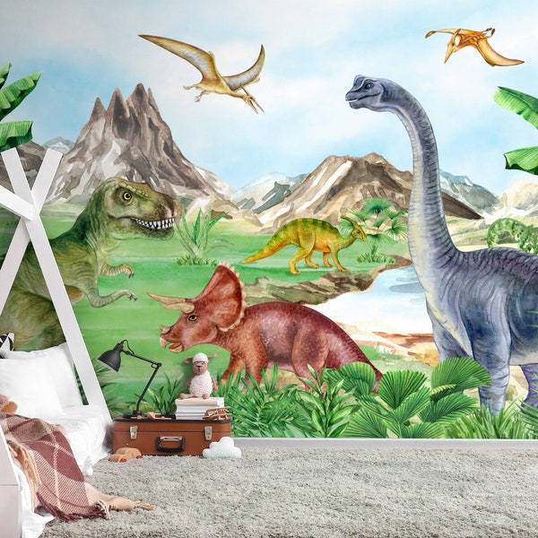Colorful Kids Dinosaurs Wallpaper | Prehistoric Animals Wall Mural | Trex Watercolor Wallpaper
