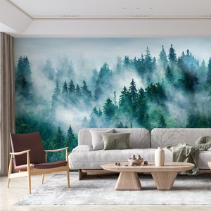 Misty Pine Forest Wallpaper | Foggy Mountain Wall Mural | Forest Landscape Peel and Stick