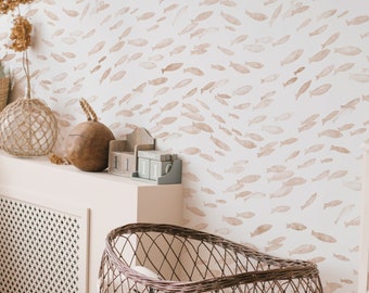 Fish Wallpaper Peel and Stick | Watercolor School Fish Wall Mural | Hand Paint Small Fishes Wallpaper for Bathroom and Kids Room