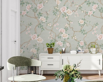 Chinoiserie Wallpaper Peel and Stick | Watercolor Peony Tree Wall Mural | Soft Chinese Floral Wallpaper