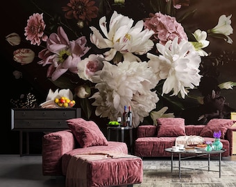 Dark Floral Wallpaper | White Pink Dark Peony Bouquet Wall Mural Peel and Stick | Large Peony Art Wallpaper