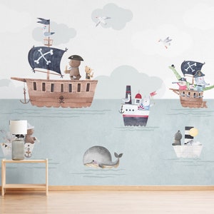 Carta da parati con animali Capitano Orso Marinaio / Murale con animali per bambini / Asilo nido con acquerello Nave pirata Stacca e incolla