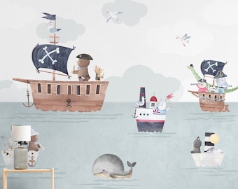 Captain Bear Sailor Animals Wallpaper | Kids Animals Wall Mural | Watercolor Nursery Pirate  Ship Peel and Stick